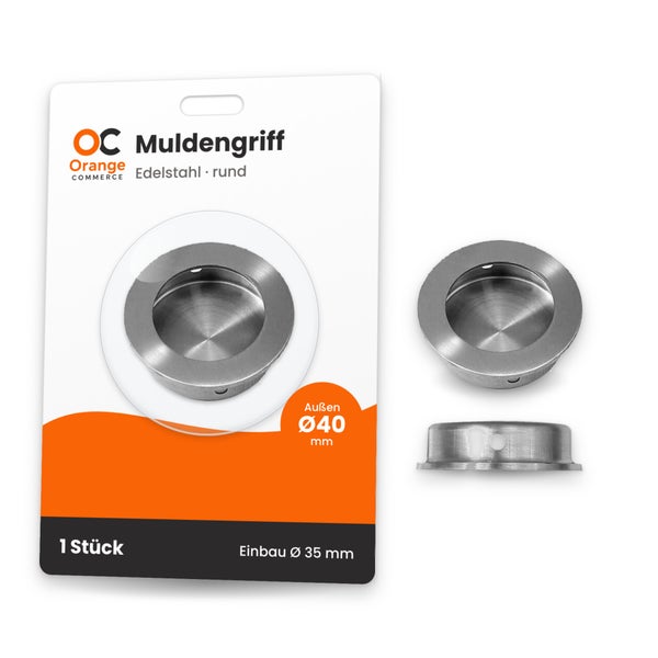 Runder Muldengriff aus Edelstahl mit 40 Millimeter Außendurchmesser und 35 Millimeter Einbaudurchmesser in Verpackung von Orange Commerce