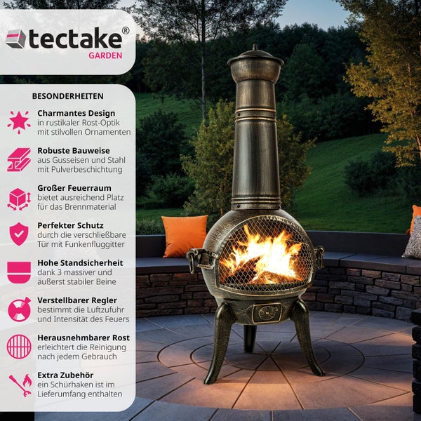 tectake Gartenkamin aus Gusseisen und Stahl mit Funkenschutzgitter
