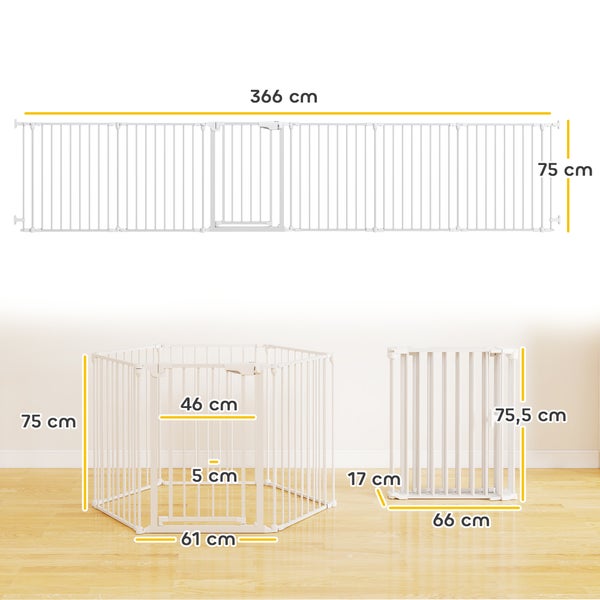 Weißes modulares Schutzgitter und Laufstall mit Maßen. Ausgezogen 366 Zentimeter lang, 75 Zentimeter hoch. Klappbar und als Laufstall nutzbar.