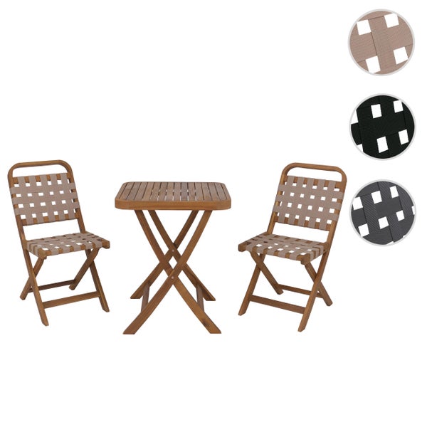 Balkonmöbel-Set aus Holz bestehend aus einem quadratischen Klapptisch und zwei Klappstühlen mit Gurtbespannung.