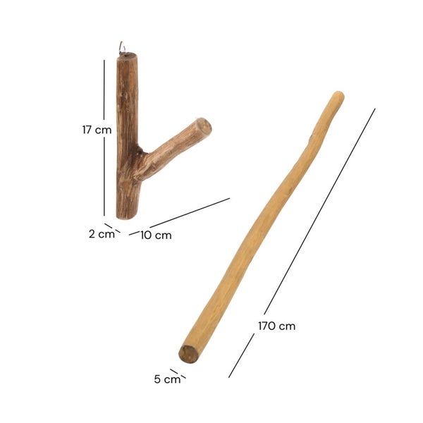 Gardinenstange Vara 170 cm, Teak Massivholz mit Ast-Wandhaken
