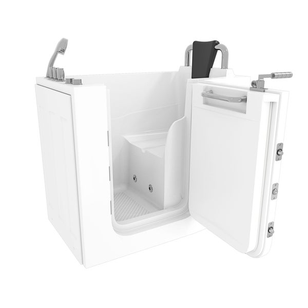 Seniorenbadewanne mit integrierter Sitzgelegenheit und seitlicher Einstiegstür inklusive Armaturen und Handbrause