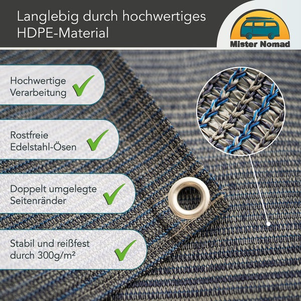 Mr Nomad Vorzeltteppich 2.0 m x 2.5 m - hochwertiger 300 g/m² Softer Camping Teppich blau/grau - idealer Vorzeltboden inkl Tragetasche, 4 T-Heringe, 12 Stahlnägel & Kehrblech