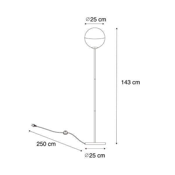 Technische Zeichnung einer Stehlampe mit den Maßen: Höhe 143 Zentimeter, Lampenschirmdurchmesser 25 Zentimeter, Fußdurchmesser 25 Zentimeter, Kabellänge 250 Zentimeter.