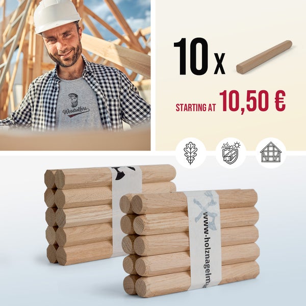 Set mit 10 Holzdübeln aus Eiche für den Holzbau, witterungsbeständig und für Fachwerkkonstruktionen geeignet.