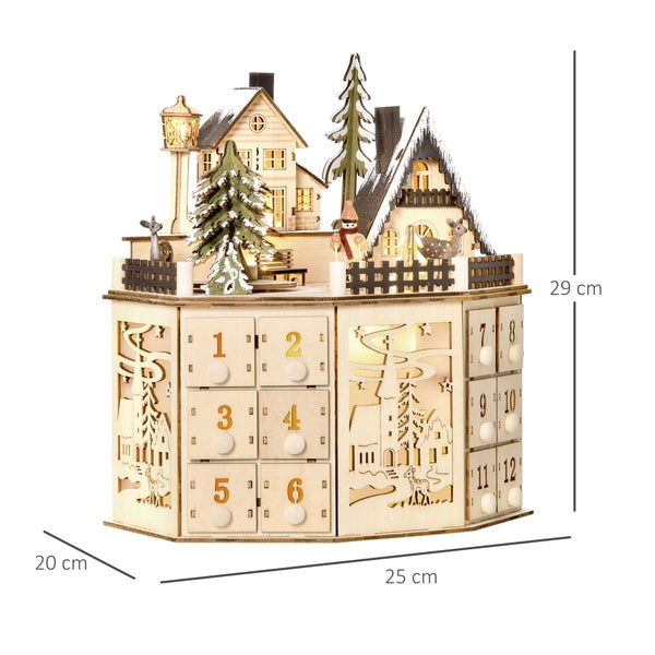 Adventskalender aus Holz mit beleuchtetem Winterdorf, Breite 25 Zentimeter, Tiefe 20 Zentimeter, Höhe 29 Zentimeter.