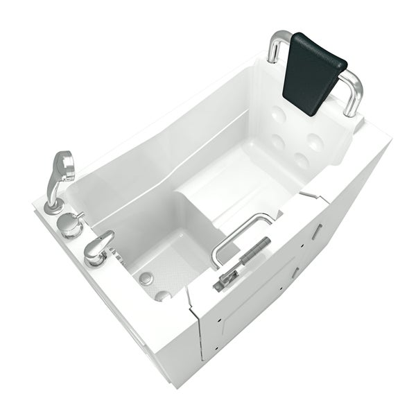 Weiße Sitzbadewanne mit Tür, integriertem Sitz, Kopfstütze, Haltegriffen und verchromten Armaturen.