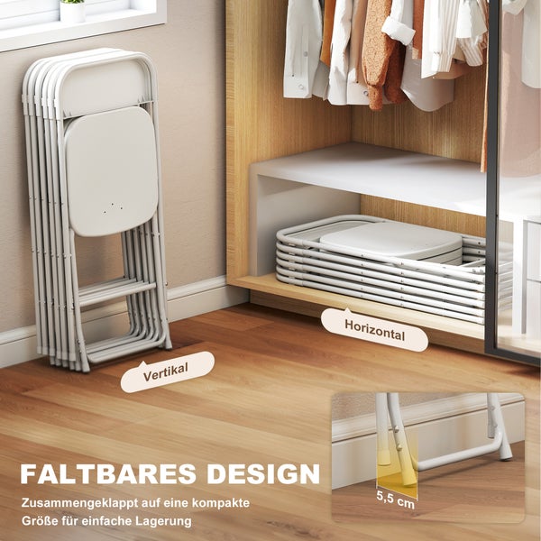 Zusammengeklappter, platzsparender Faltstuhl zur vertikalen und horizontalen Aufbewahrung