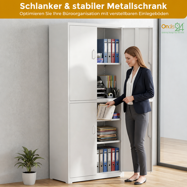 Hoher Metallschrank für das Büro mit vier Türen und verstellbaren Fachböden. Eine Person sortiert Akten in das geöffnete Regal. Ondis 24 Logo.