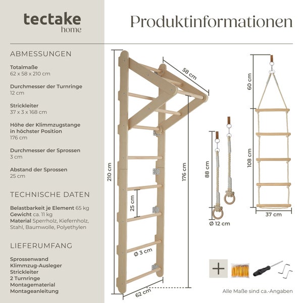 Tectake Home Sprossenwand mit Klimmzugstange, Turnringen und Strickleiter aus Holz mit technischen Maßen und Lieferumfang.