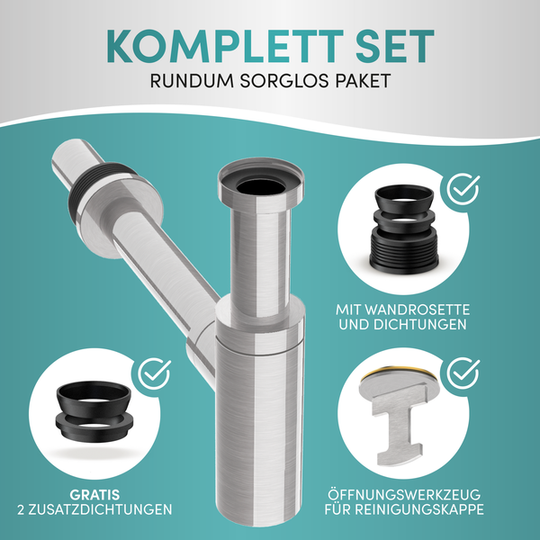 Engelbach® Design Siphon für Waschbecken & Waschtisch - Mit Reinigungsöffnung - r 1 1/4 - inkl. Gummimanschette und Anleitung
