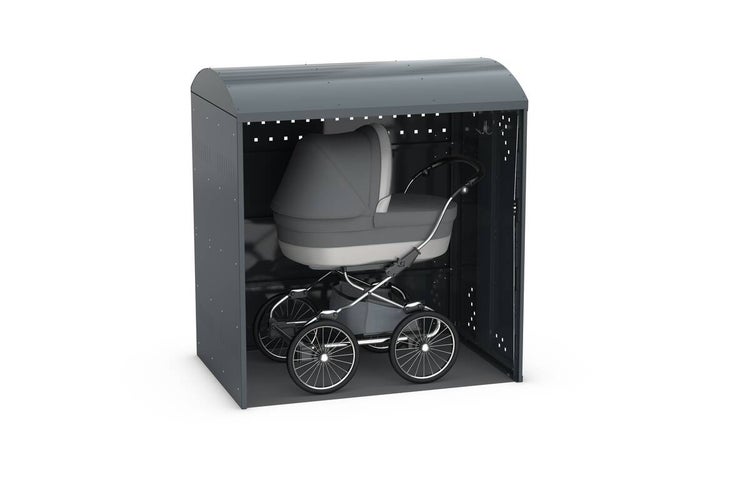 Kinderwagengarage aus Metall mit einem Kinderwagen im Inneren.