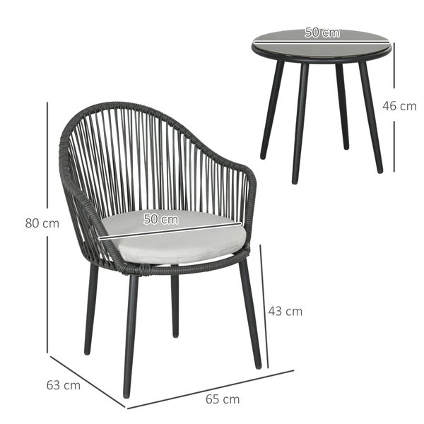 Outsunny 3-teilige Rattan Gartenmöbel-Set Sitzgruppe, Gartengarnitur mit 2 Gartenstühlen, Beistelltisch mit Hartglasplatte, Kissen, für Balkon, Terrasse, Stahl, Dunkelgrau