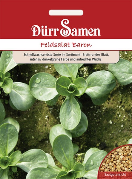 Dürr Samen Logo auf einer Packung Feldsalat Baron mit Abbildung wachsender Pflanzen und einer Ansicht der Samen.