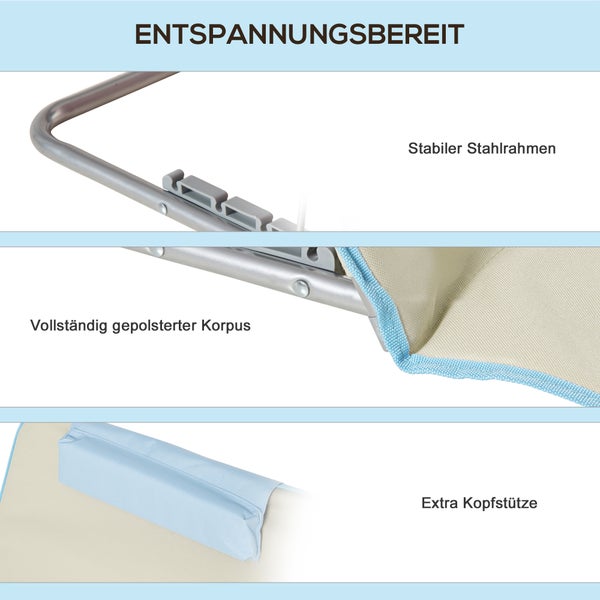 Outsunny Strandmatte, 2er Set Faltbare Strandliege mit Kopfkissen, 5-stufige Höhenverstellbare Strandmatratze mit Tragetasche, Stahl, Beige, 134 x 48 x 33-43 cm
