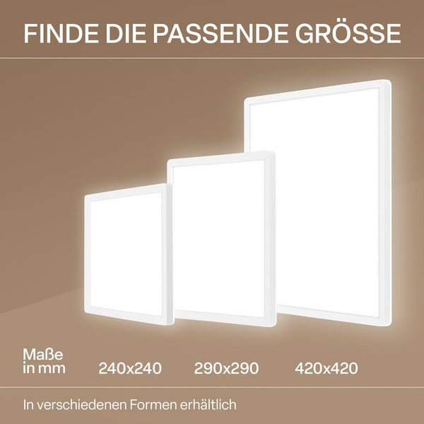 LED-Panels in drei Größen: 240 mal 240 Millimeter, 290 mal 290 Millimeter und 420 mal 420 Millimeter.