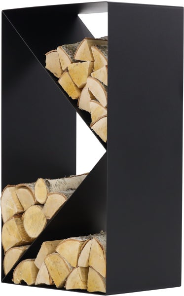 Brennholzregal aus Metall mit Holzscheiten