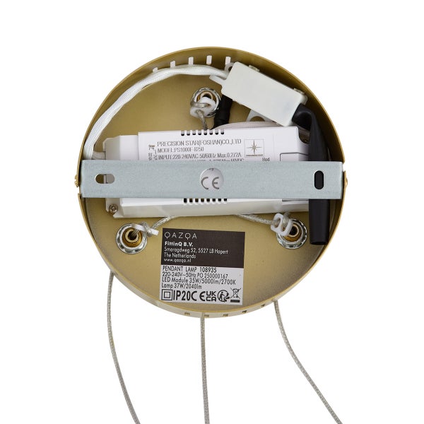 Innenansicht einer Pendelleuchte mit elektrischen Komponenten und CE Kennzeichen