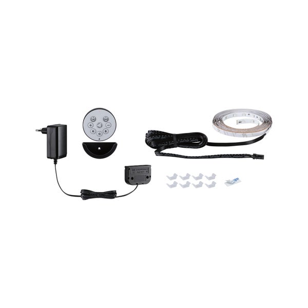 LED-Streifen-Set inklusive Fernbedienung, Netzteil, Controller und Befestigungsklammern.