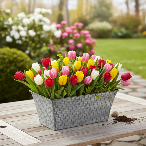 Rechteckiger Metall-Pflanzkasten mit Rautenmuster, bepflanzt mit bunten Tulpen auf einem Holztisch im Garten.
