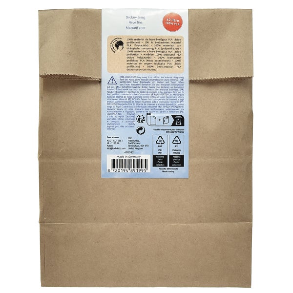Rückseite einer braunen Papiertüte mit circa 2 Litern Kunstschnee aus 100 Prozent Polylactid, inklusive Produktinformationen und Barcode.