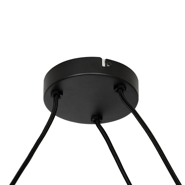 Schwarzer Deckenbaldachin für Pendelleuchten aus Metall mit drei Textilkabeln.