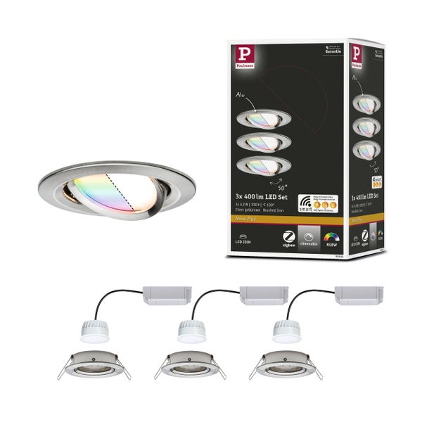 LED Einbauleuchte Smart Home Zigbee 3.0 Nova Plus Coin Basisset schwenkbar rund 84mm 50° Coin 3x5,2W 3x400lm 230V dimmbar RGBW+ Eisen gebürstet