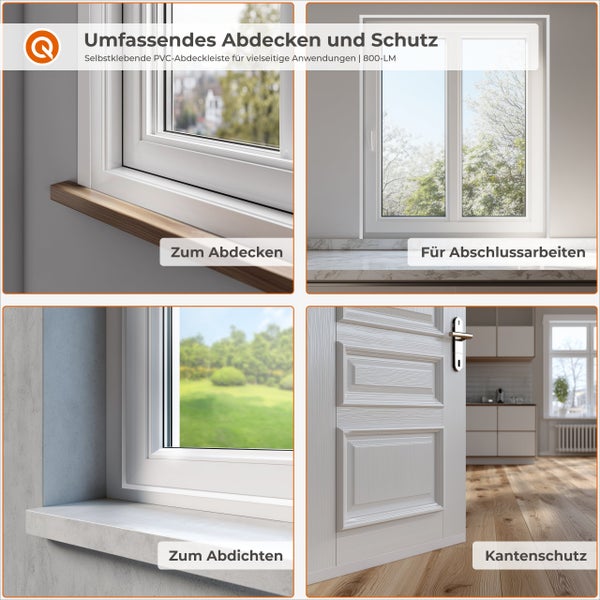Selbstklebende PVC Abdeckleiste für Fenster und Türen zur Anwendung als Abdeckung, Abschlussleiste, Dichtleiste und Kantenschutz.