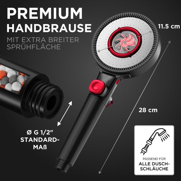 Premium Handbrause mit Filtersteinen, 11,5 Zentimeter Sprühkopf, 28 Zentimeter Länge, G 1/2 Zoll Anschluss und Stopp-Funktion. Für alle Schläuche.