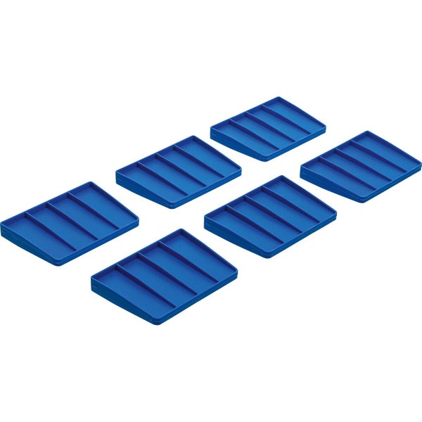 Sechs blaue Verglasungsklötze aus Kunststoff für die Montage von Fenstern und Türen.