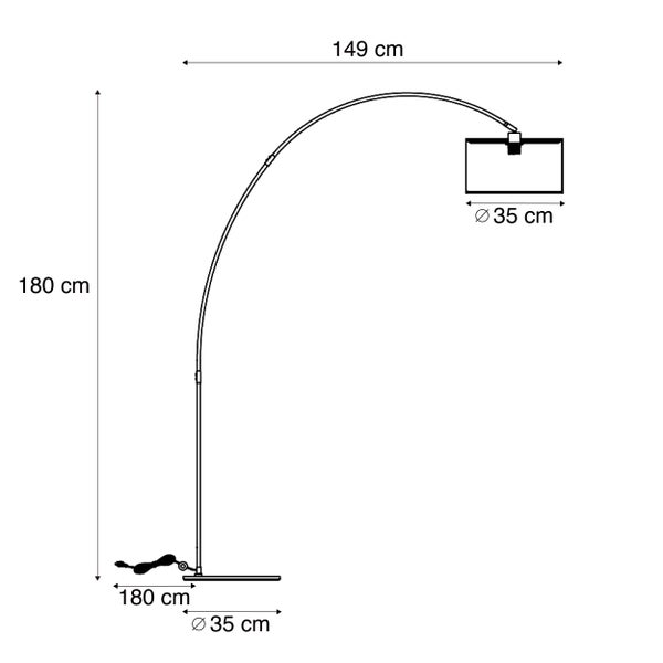 Maßzeichnung einer Bogenstehlampe: Höhe 180 Zentimeter, Breite 149 Zentimeter, Durchmesser von Fuß und Schirm 35 Zentimeter.