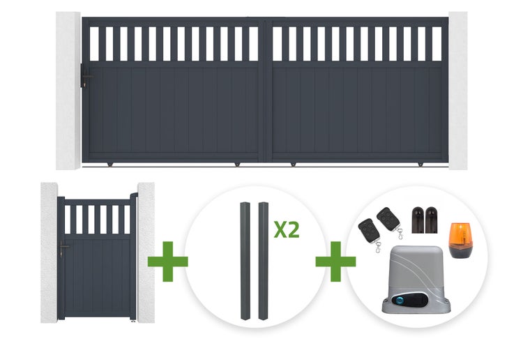Set bestehend aus zweiflügeligem Einfahrtstor, Gartentür, zwei Pfosten und elektrischem Torantrieb mit Handsendern, Lichtschranken und Warnleuchte.
