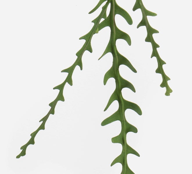 Nahaufnahme von grünen Blättern einer künstlichen Blume an einem braunen Stiel.