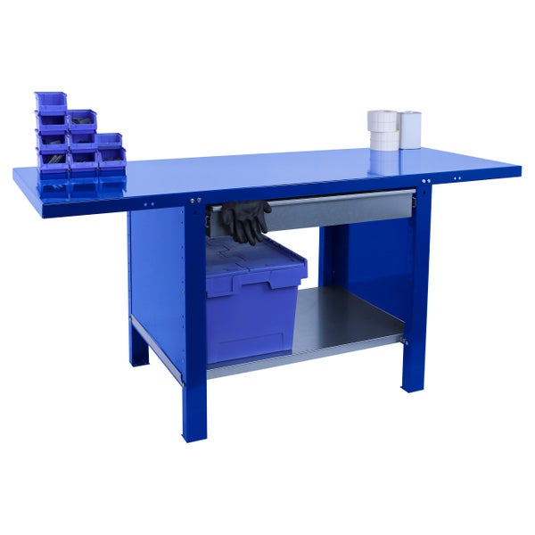 Werkbank BUFFALO METAL mit 1x Schublade | HxBxT 83x150x73cm | Traglast 700kg | Blau