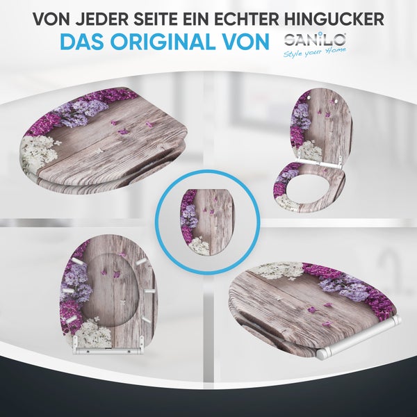 Sanilo WC Sitz mit Flieder Blumen Motiv auf Holzoptik in verschiedenen Ansichten für eine stilvolle Badgestaltung