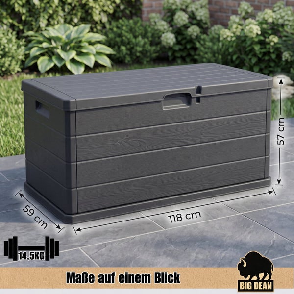 Gartenbox aus Kunststoff mit Holzoptik Maße 118 mal 59 mal 57 Zentimeter und 14,5 Kilogramm Gewicht