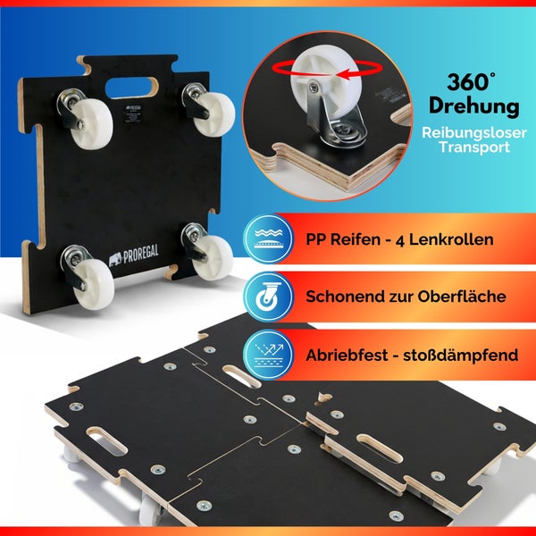 Transportroller mit Proregal Logo, 360 Grad drehbaren Polypropylen-Lenkrollen, stoßdämpfend, abriebfest, oberflächenschonend und koppelbar.