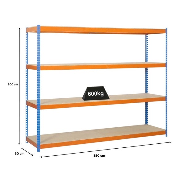 PROREGAL Schwerlastregal Wood Beast Four HxBxT 200 x 180 x 60 cm 4 Ebenen Fachlast 600 kg Blau-Orange
