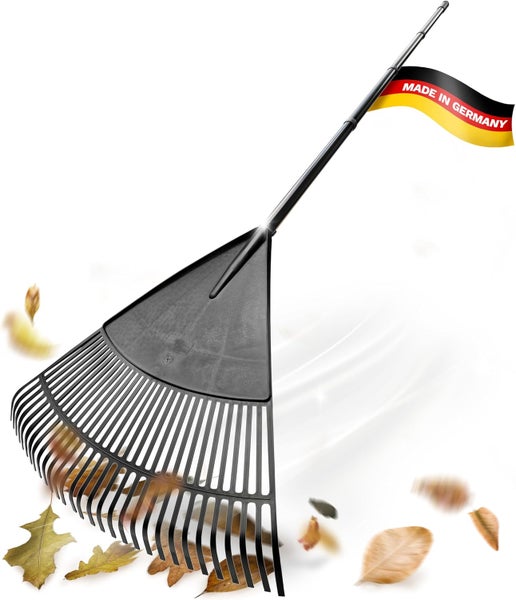Fächerbesen aus Kunststoff mit Stiel zum Zusammenfegen von Laub. Hergestellt in Deutschland.
