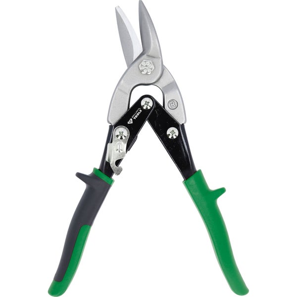 Blechschere von Brilliant Tools, rechtsschneidend, aus Metall mit grün-schwarzen Griffen.