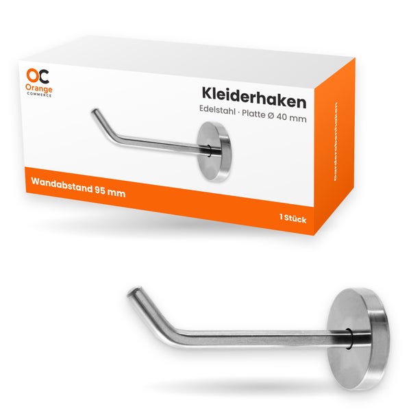 Kleiderhaken aus Edelstahl mit 40 Millimeter Plattendurchmesser und 95 Millimeter Wandabstand in der Produktverpackung