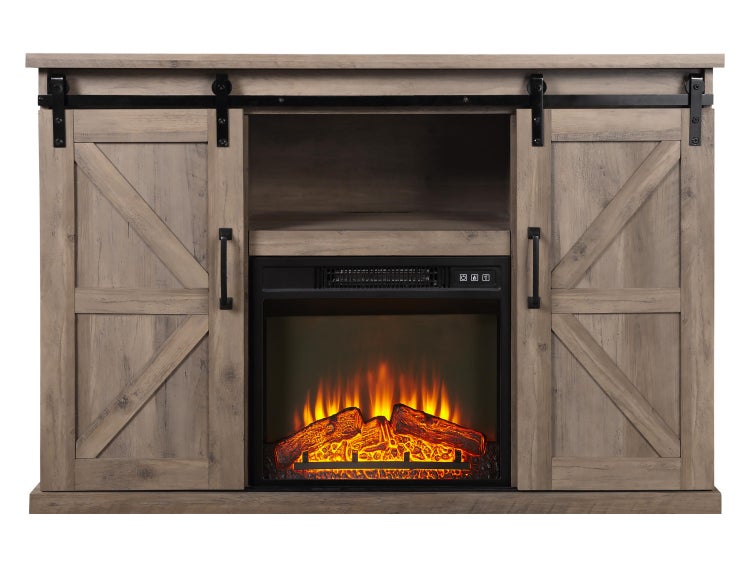 Elektrischer Kamin mit Schiebetüren im Scheunenstil und Stauraum