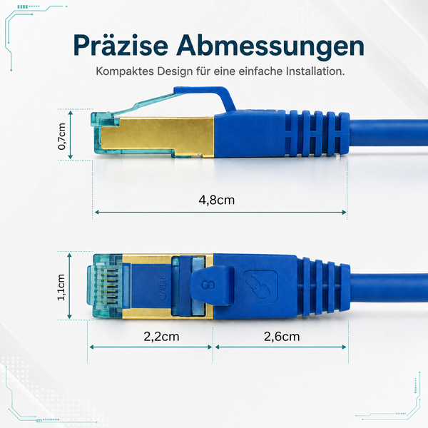 Blauer Netzwerkstecker Kategorie 8: Gesamtlänge 4,8 Zentimeter, Kopf 2,2 Zentimeter, Knickschutz 2,6 Zentimeter, Höhe 1,1 Zentimeter.