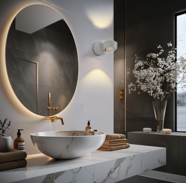 Moderner Waschplatz im Bad mit rundem, beleuchtetem Spiegel, weißem Aufsatzwaschbecken in Marmoroptik und goldener Wandarmatur.