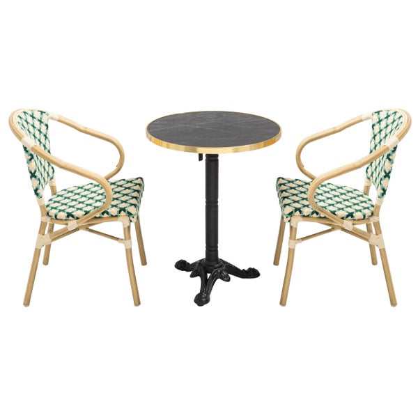 Bistro-Set bestehend aus einem runden Tisch mit dunkler Platte und zwei Stühlen mit grün-weißem Geflecht.