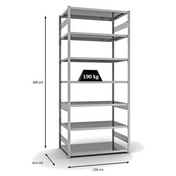 PROREGAL Fachbodenregal Stecksystem T-Profil Light-Duty Grundregal HxBxT 300 x 130 x 80 cm 7 Ebenen Fachlast 190 kg Beidseitig Nutzbar Verzinkt