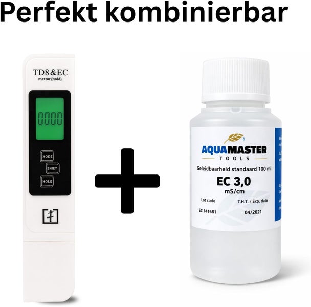 Digitales TDS- und EC-Messgerät zur Bestimmung der Wasserqualität zusammen mit 100 Milliliter Aquamaster Tools Kalibrierflüssigkeit EC 3,0.