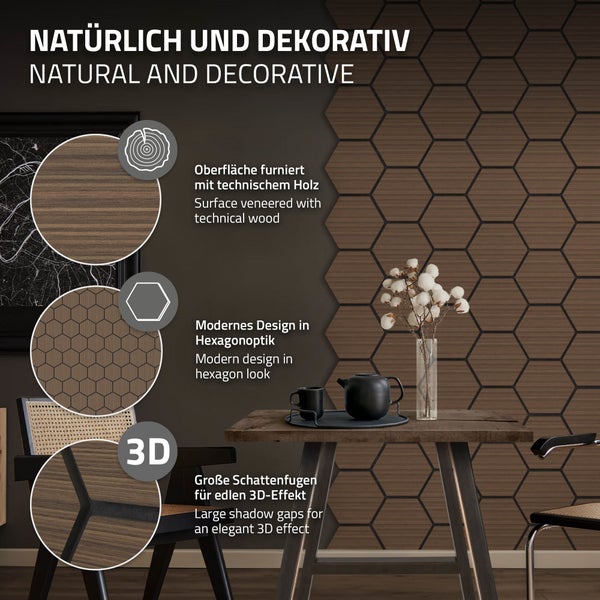 ML-Design 2er Set Akustikpaneele 66x81x2cm für 1m² – Braun, MDF Akustikplatten in Hexagon-Holzoptik, Wandpaneele zur Schalldämmung, Wandverkleidung für Büro, Studio, Schallschutz & Akustikbehandlung