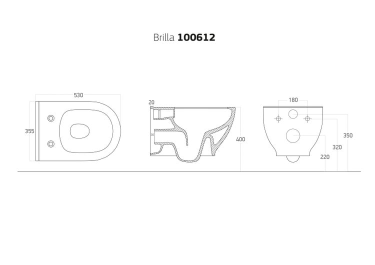 Technische Zeichnung eines Wand-WCs mit den Maßen 530 x 355 x 400 mm.