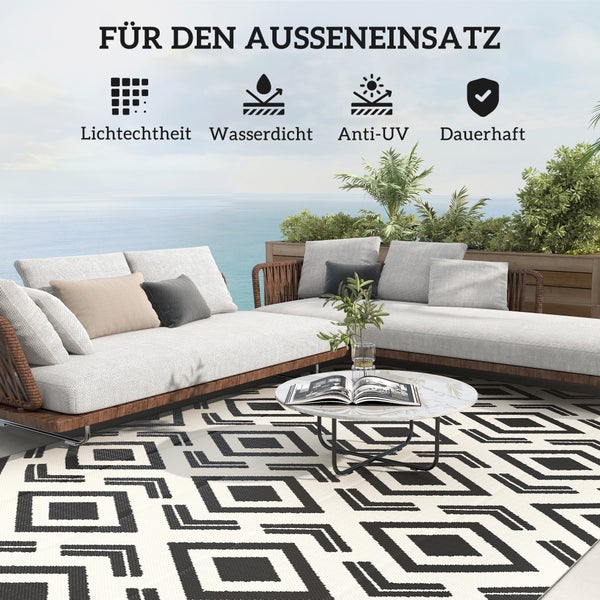 Outsunny Outdoor Teppich robuster Wetterfest Outdoorteppich mit Tragtasche, faltbar Carpet Boho-Style, Outdoor-Teppich für Wohnzimmer Balkon Garten Terrasse Bad Flur Küche, 182 x 274 cm Schwarz+Weiß